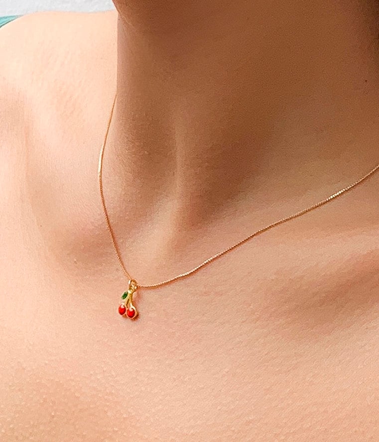 Dainty Enamel Cherry Pendant Box Chain Choker Necklace - ArtGalleryZen