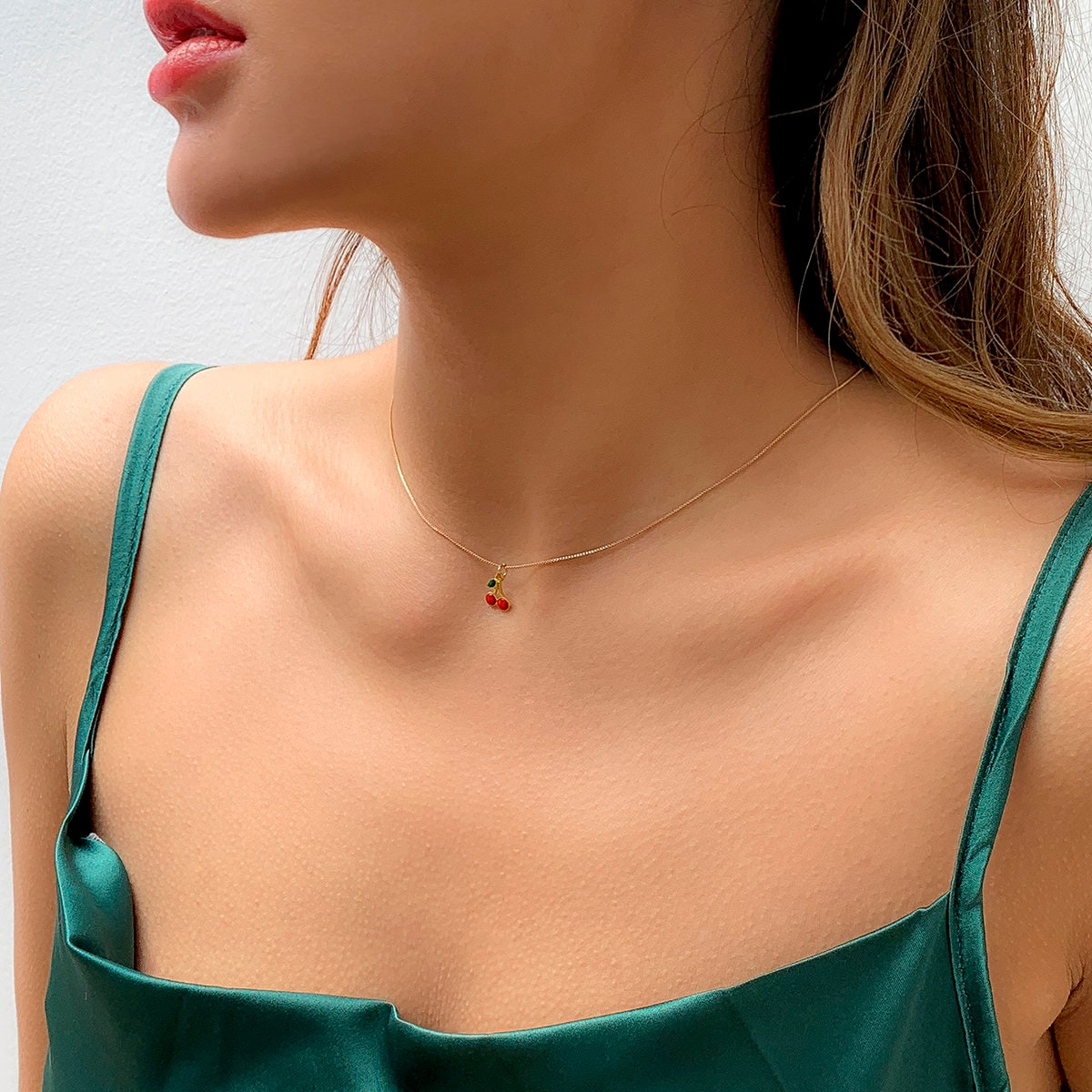 Dainty Enamel Cherry Pendant Box Chain Choker Necklace - ArtGalleryZen