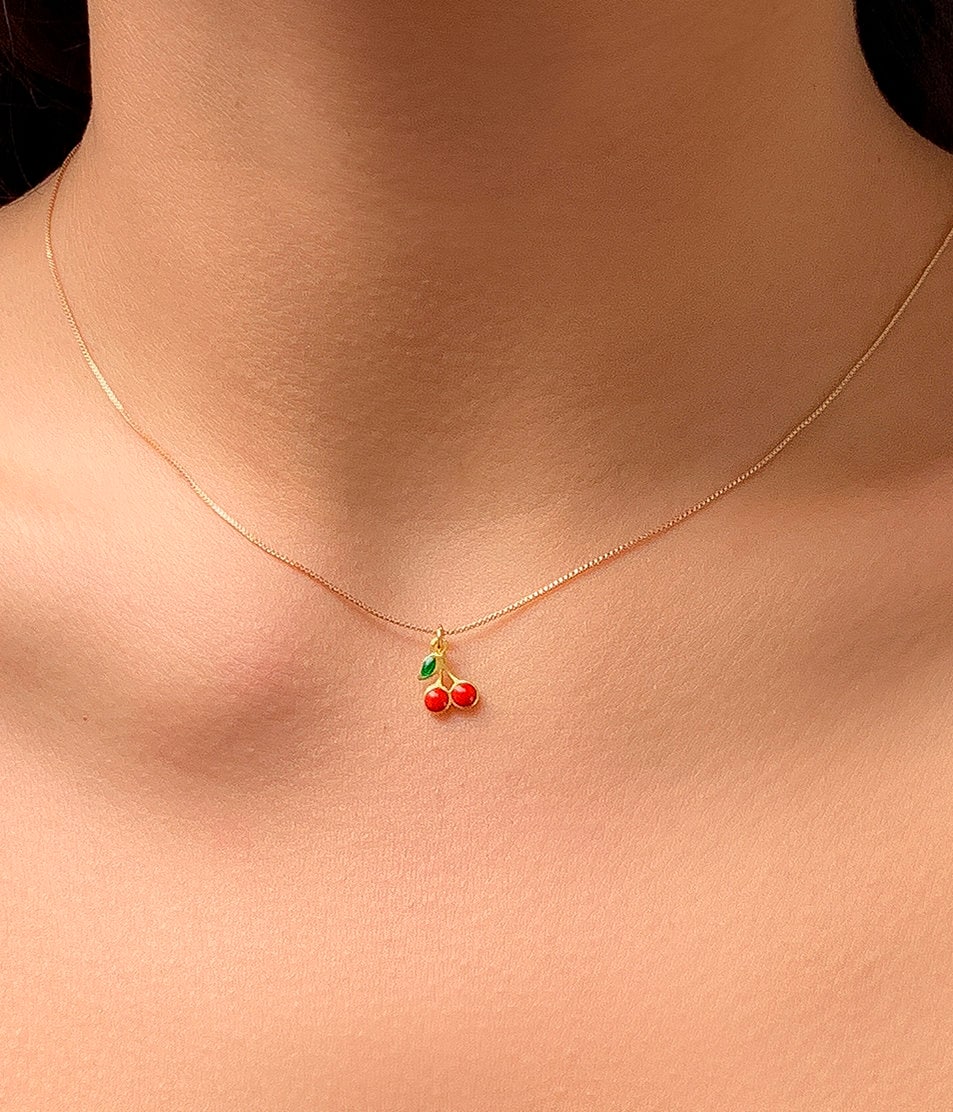 Dainty Enamel Cherry Pendant Box Chain Choker Necklace - ArtGalleryZen