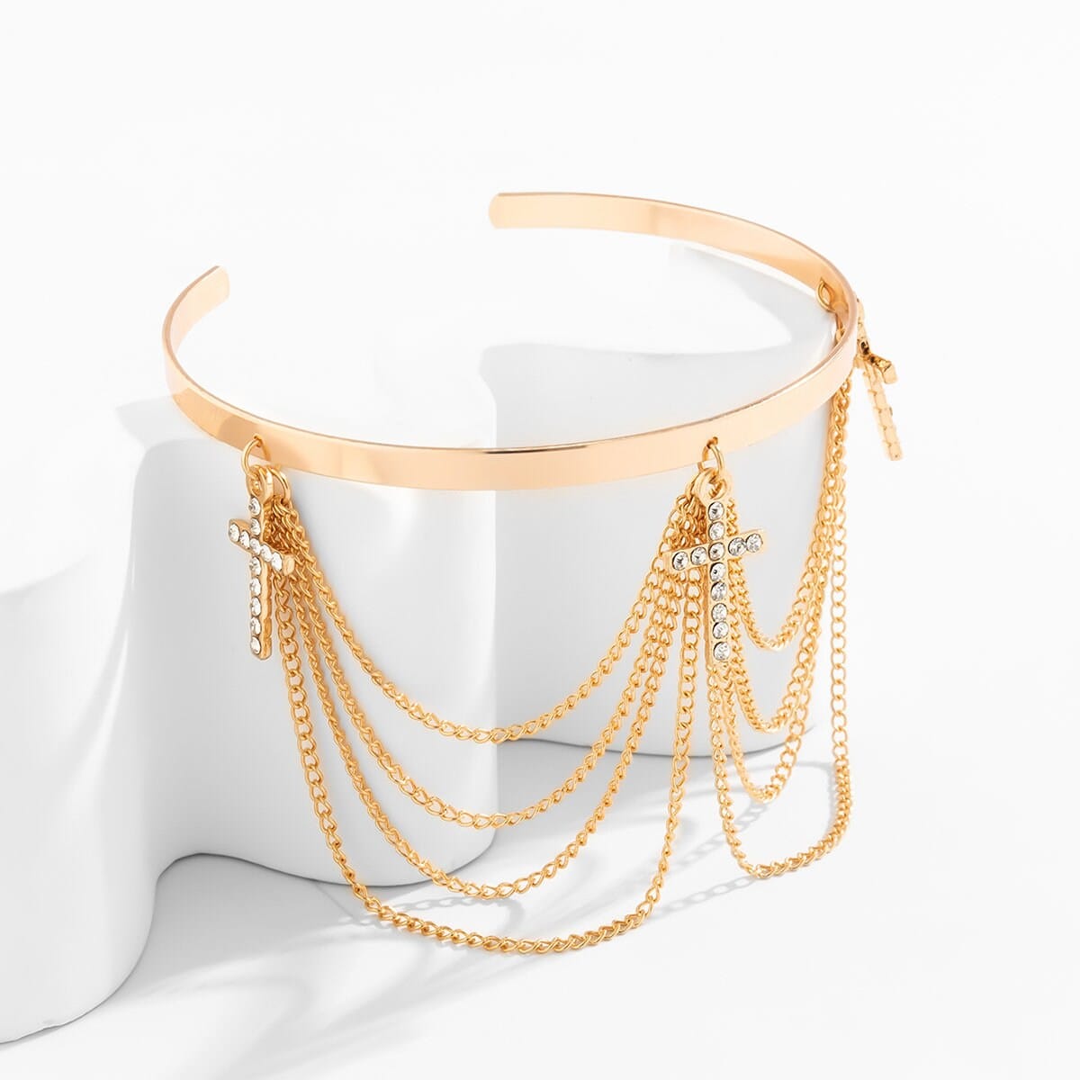 Minimalist Layered CZ Inlaid Cross Chain Tassel Arm Cuff - ArtGalleryZen