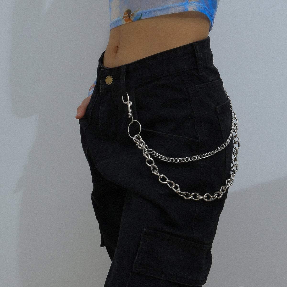Minimalist Layered Silver Tone Metal Curb Link Trouser Chain - ArtGalleryZen
