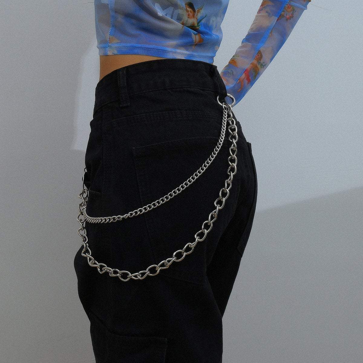 Minimalist Layered Silver Tone Metal Curb Link Trouser Chain - ArtGalleryZen