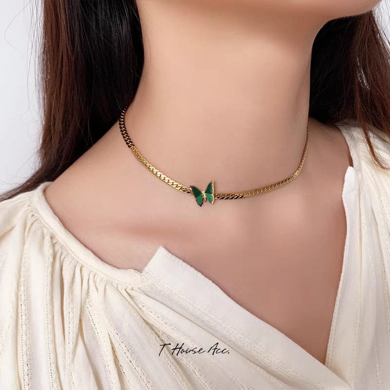 Stainless Steel Gold Plated Enamel Butterfly Necklace - ArtGalleryZen