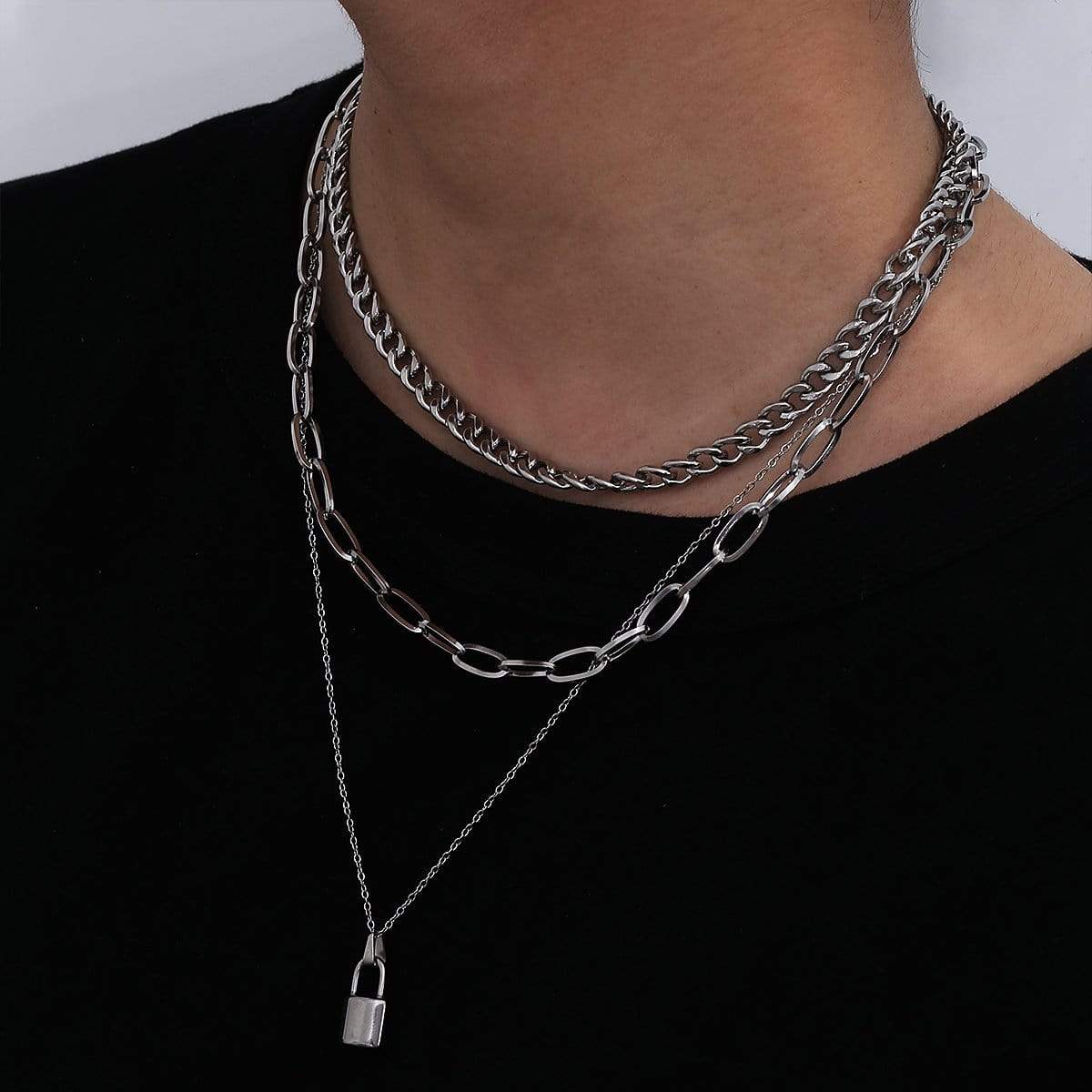 Stainless Steel Punk Style Layered Lock Pendant Choker Necklace Set ...