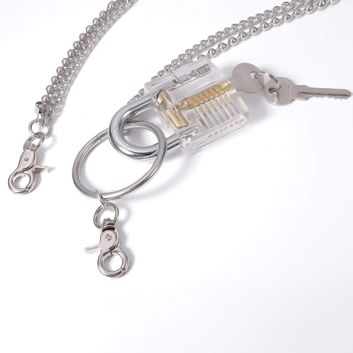 Stainless Steel Key Lock Necklace Double Layer Punk Link Chain