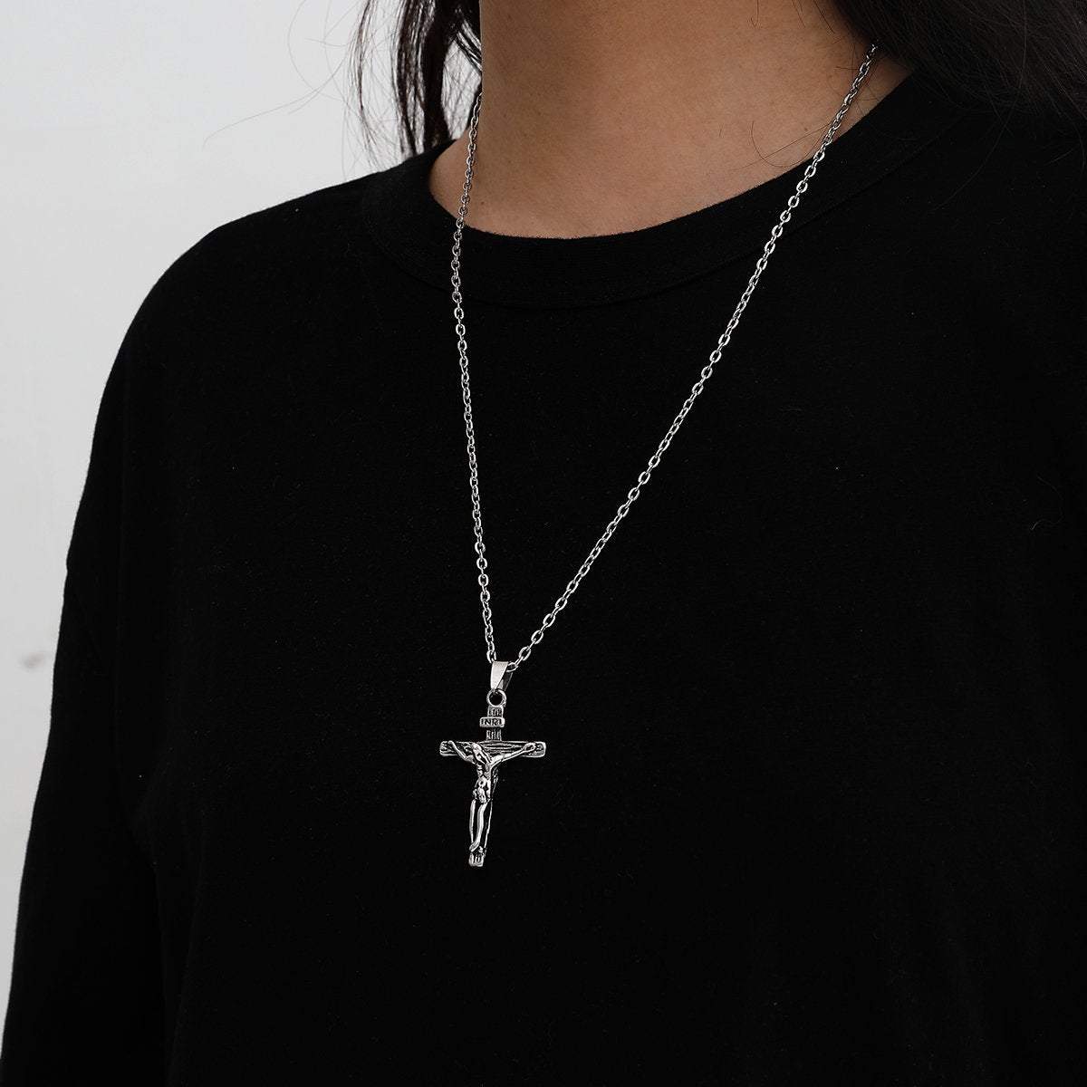Iconic | Silver-Tone Stainless Steel Cross Curb Chain Necklace