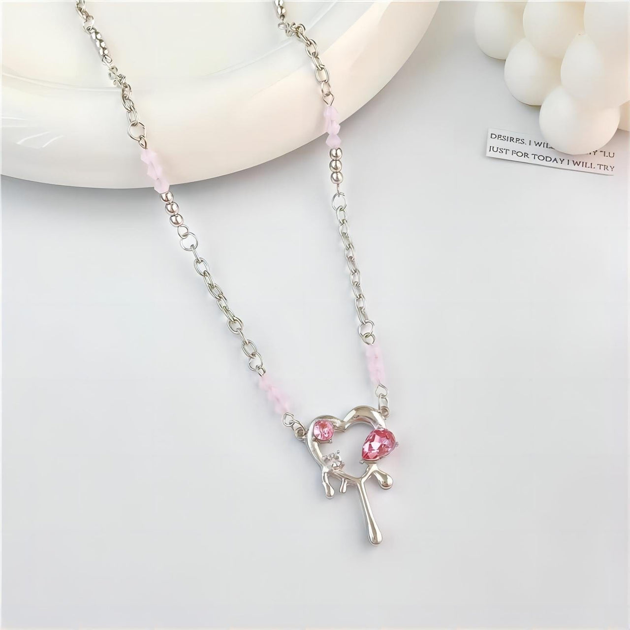 Stainless Steel Rhinestone Melting Heart Necklace - ArtGalleryZen