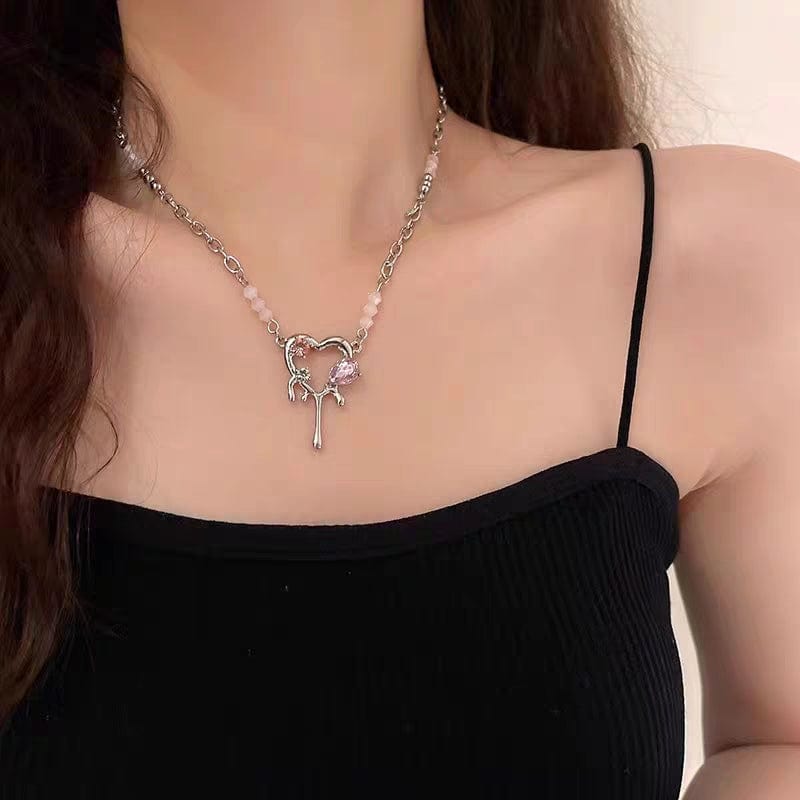 Stainless Steel Rhinestone Melting Heart Necklace - ArtGalleryZen