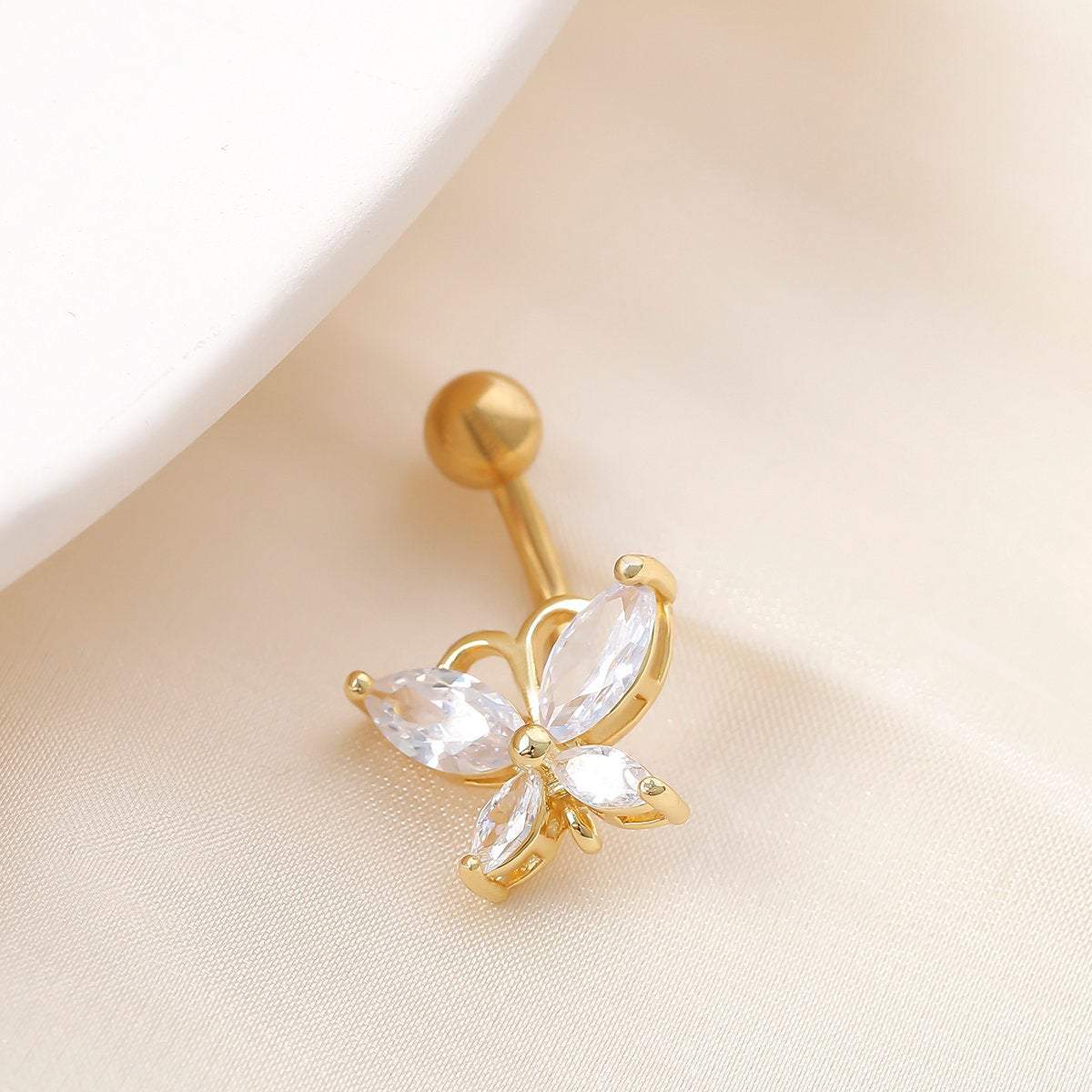 Surgical Stainless Steel Gold Tone Crystal Butterfly Navel Ring - ArtGalleryZen