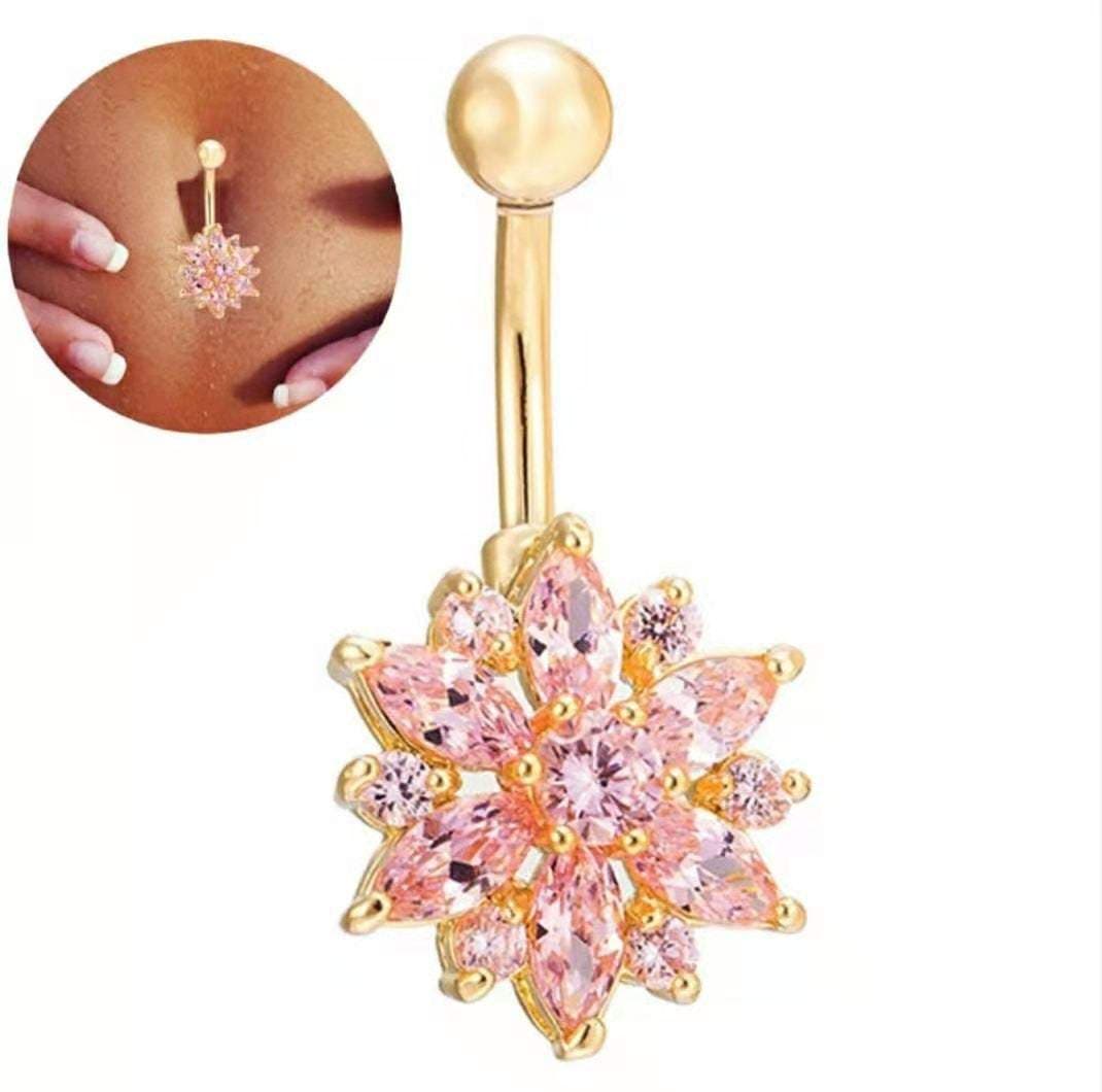 Surgical Stainless Steel Pink Crystal Floral Piercing Barbell Navel Ring - ArtGalleryZen