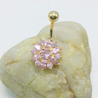 Thumbnail for Surgical Stainless Steel Pink Crystal Floral Piercing Barbell Navel Ring - ArtGalleryZen