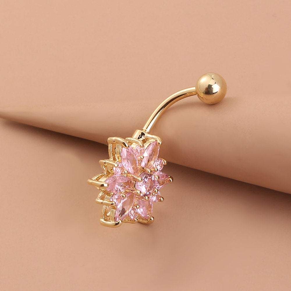 Surgical Stainless Steel Pink Crystal Floral Piercing Barbell Navel Ring - ArtGalleryZen