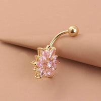 Thumbnail for Surgical Stainless Steel Pink Crystal Floral Piercing Barbell Navel Ring - ArtGalleryZen