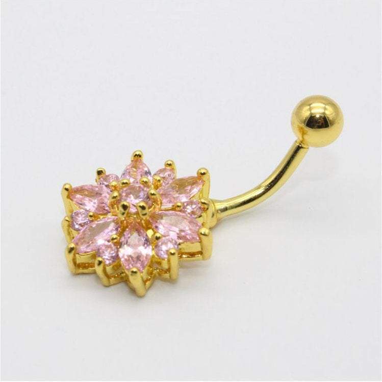 Surgical Stainless Steel Pink Crystal Floral Piercing Barbell Navel Ring - ArtGalleryZen