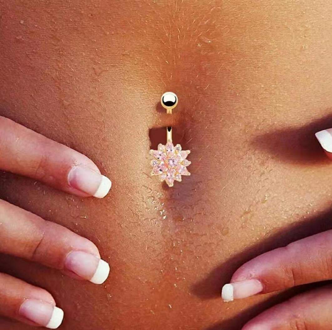 Surgical Stainless Steel Pink Crystal Floral Piercing Barbell Navel Ring - ArtGalleryZen