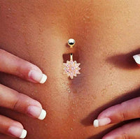 Thumbnail for Surgical Stainless Steel Pink Crystal Floral Piercing Barbell Navel Ring - ArtGalleryZen
