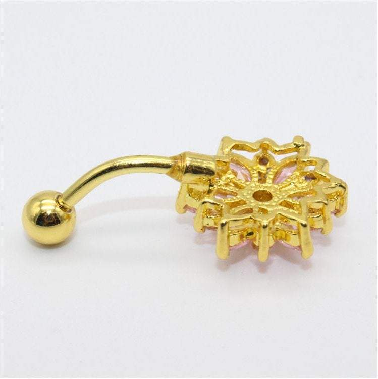 Surgical Stainless Steel Pink Crystal Floral Piercing Barbell Navel Ring - ArtGalleryZen