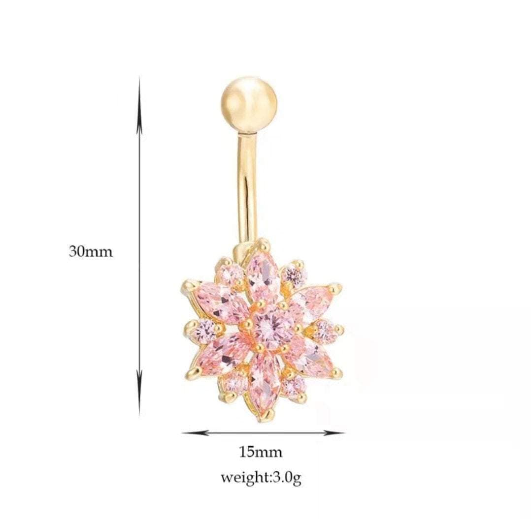 Surgical Stainless Steel Pink Crystal Floral Piercing Barbell Navel Ring - ArtGalleryZen