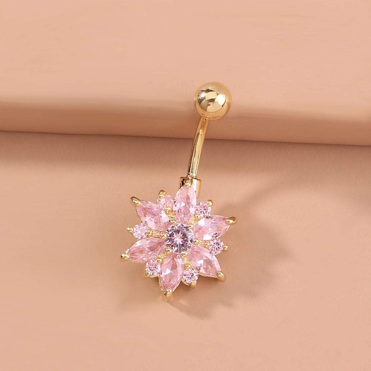 Surgical Stainless Steel Pink Crystal Floral Piercing Barbell Navel Ring - ArtGalleryZen