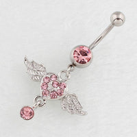 Thumbnail for Surgical Stainless Steel Pink Rhinestone Inlaid Heart Wing Dangle Navel Ring - ArtGalleryZen