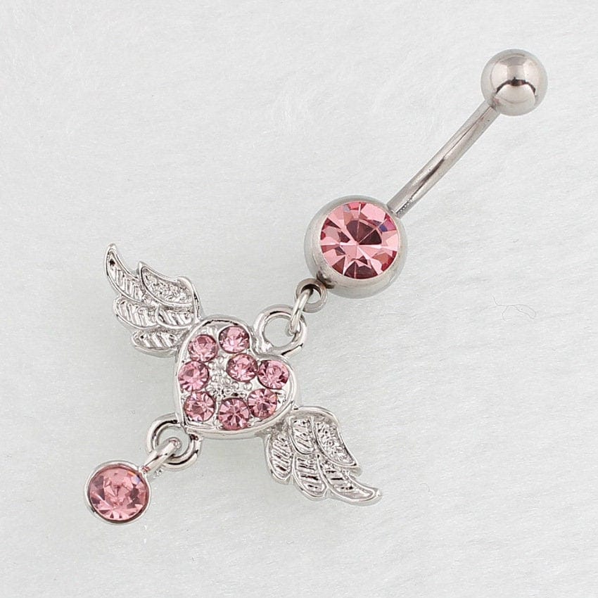 Surgical Stainless Steel Pink Rhinestone Inlaid Heart Wing Dangle Navel Ring - ArtGalleryZen