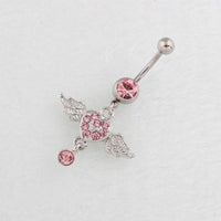 Thumbnail for Surgical Stainless Steel Pink Rhinestone Inlaid Heart Wing Dangle Navel Ring - ArtGalleryZen