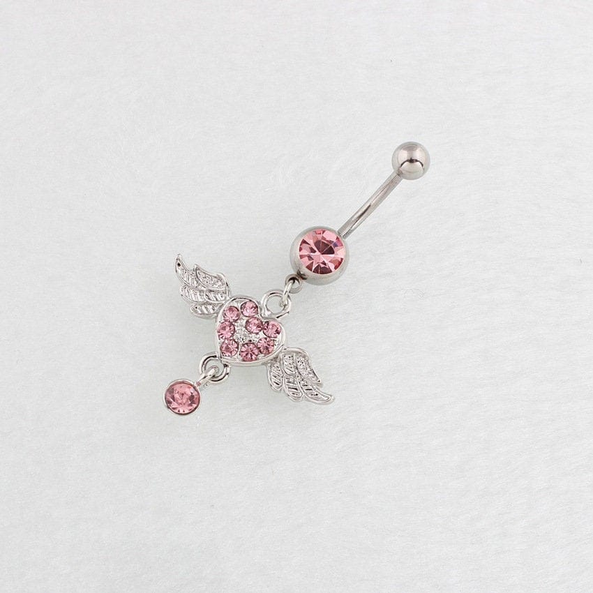 Surgical Stainless Steel Pink Rhinestone Inlaid Heart Wing Dangle Navel Ring - ArtGalleryZen