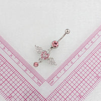 Thumbnail for Surgical Stainless Steel Pink Rhinestone Inlaid Heart Wing Dangle Navel Ring - ArtGalleryZen