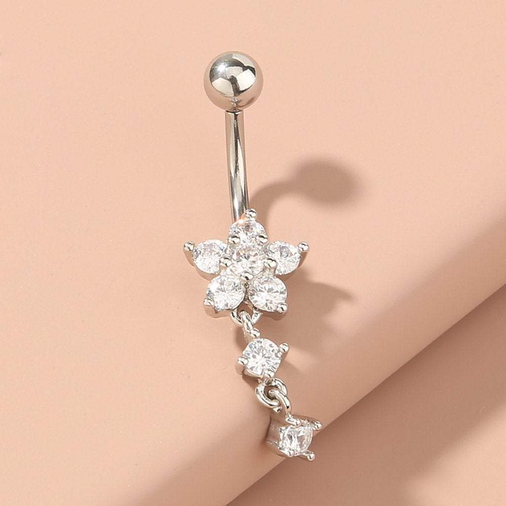 Surgical Stainless Steel Zircon Floral Dangle Piercing Navel Ring - ArtGalleryZen